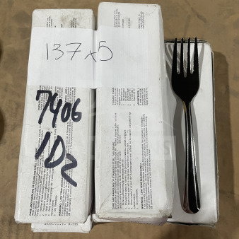 Brand new commercial stainless steel salad forks, 2 dozen per box. Includes five boxes. Labels show "137 x 5" and "7406 1DZ."