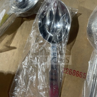 Brand new Vollrath 47058 stainless steel 1/2 cup serving spoon in packaging. Marked NSF, durable design.