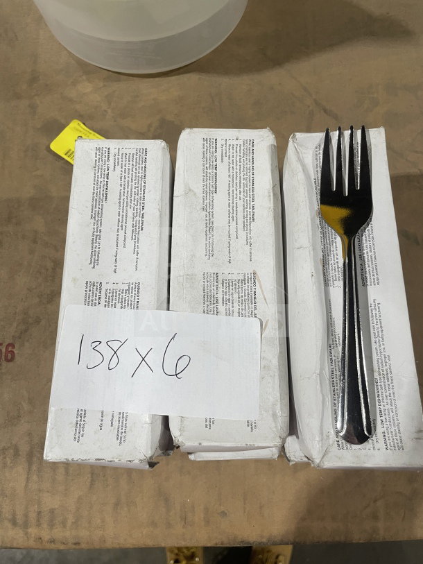 Brand new commercial stainless steel salad forks, 2 dozen per box, 3 boxes visible. Note indicates 6X bid offer.