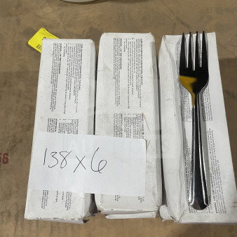 Brand new commercial stainless steel salad forks, 2 dozen per box, 3 boxes visible. Note indicates 6X bid offer.