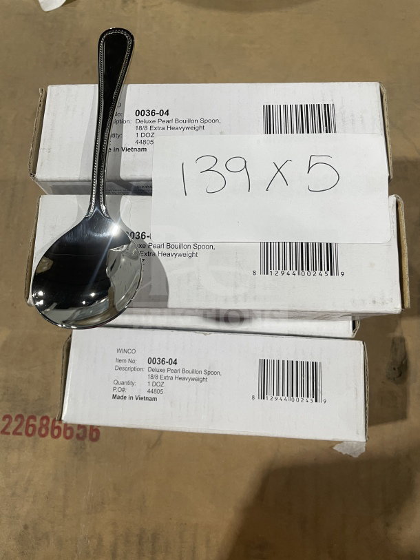 Winco stainless steel deluxe pearl bouillon spoon, model 0036-04, extra heavyweight, one dozen per box, brand new.