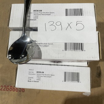 Winco stainless steel deluxe pearl bouillon spoon, model 0036-04, extra heavyweight, one dozen per box, brand new.