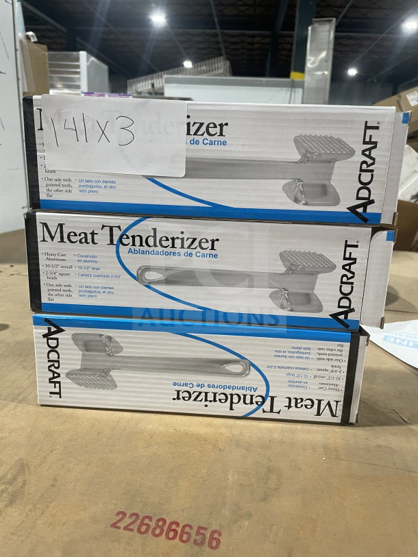 Brand new Adcraft MTA-10 commercial stainless steel meat tenderizer, boxed, pristine condition, set of three.