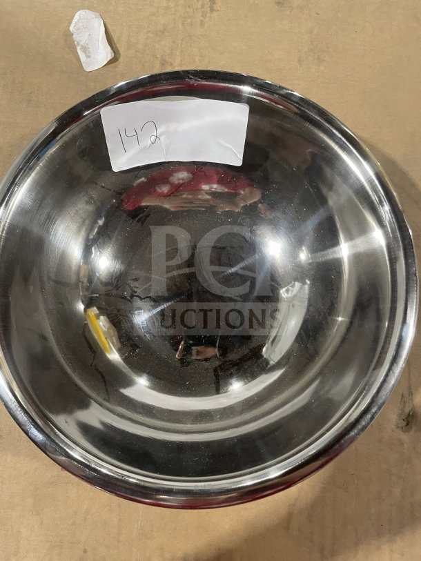 Brand new Winco stainless steel mixing bowl, model MXB-400Q. Pristine condition, labeled with number "142."