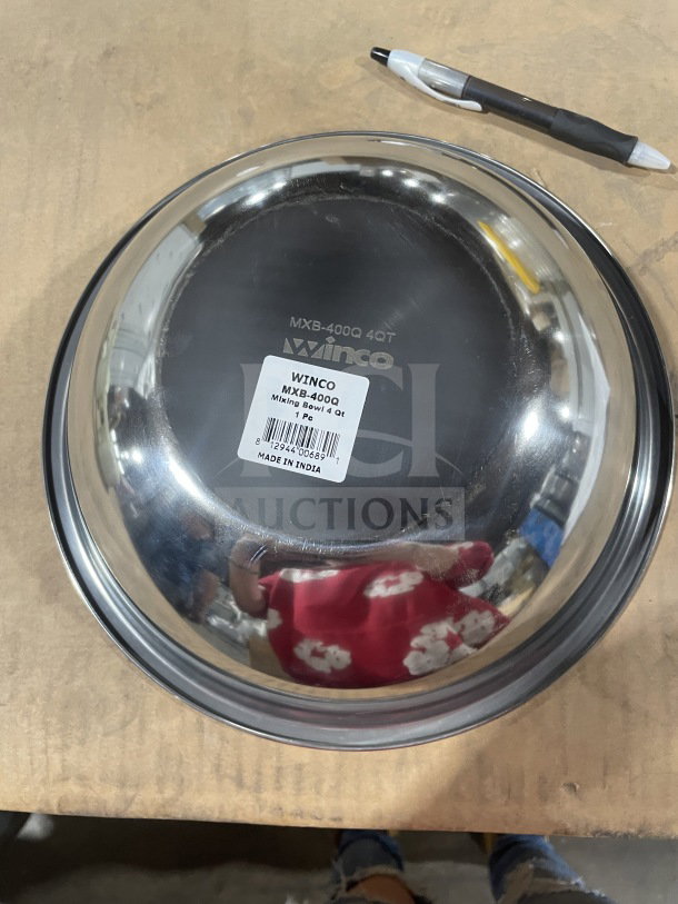 BRAND NEW Winco MXB-400Q stainless steel mixing bowl, 4 qt. Visible label with model info, made in India.