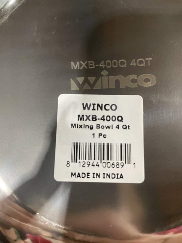 Winco MXB-400Q stainless steel mixing bowl, 4 qt, marked with brand logo and barcode, new condition, Made in India.