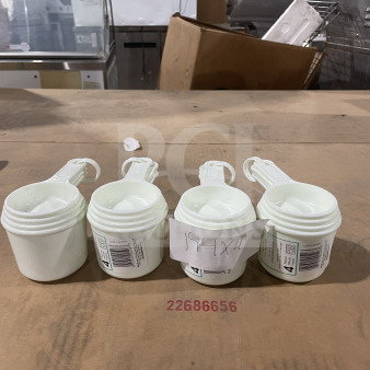 Winco Commercial White Measuring Cup Set, Model L38315A0WHT, brand new, includes four stacking cups with labels.