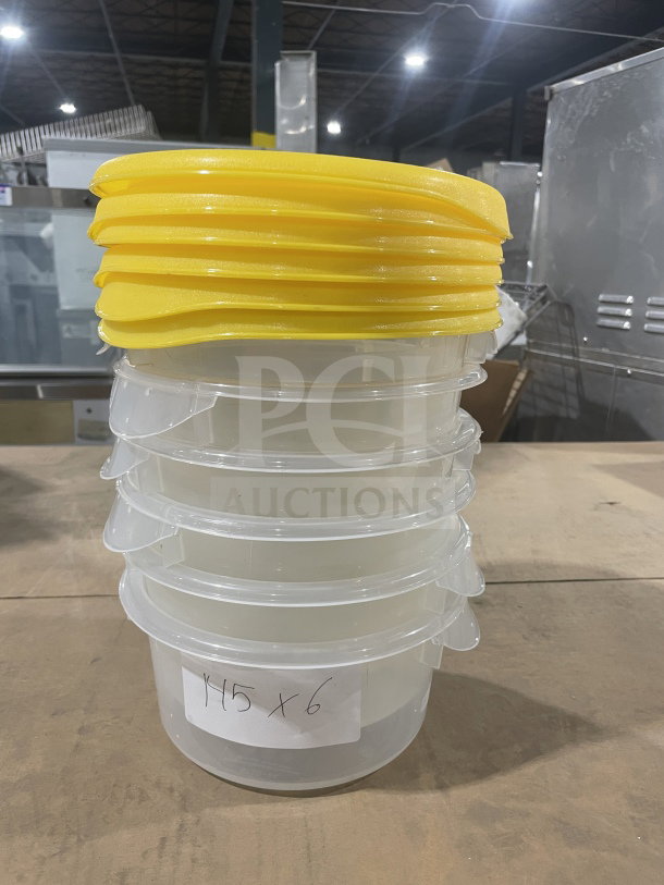 Brand new Rubbermaid FG572024CLR clear polycarbonate round food storage containers with yellow lids, 6-pack.