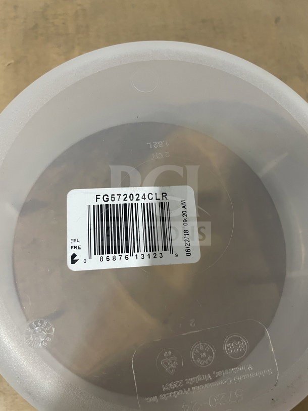 Rubbermaid Commercial clear polycarbonate round food storage container with model FG572024CLR barcode visible.