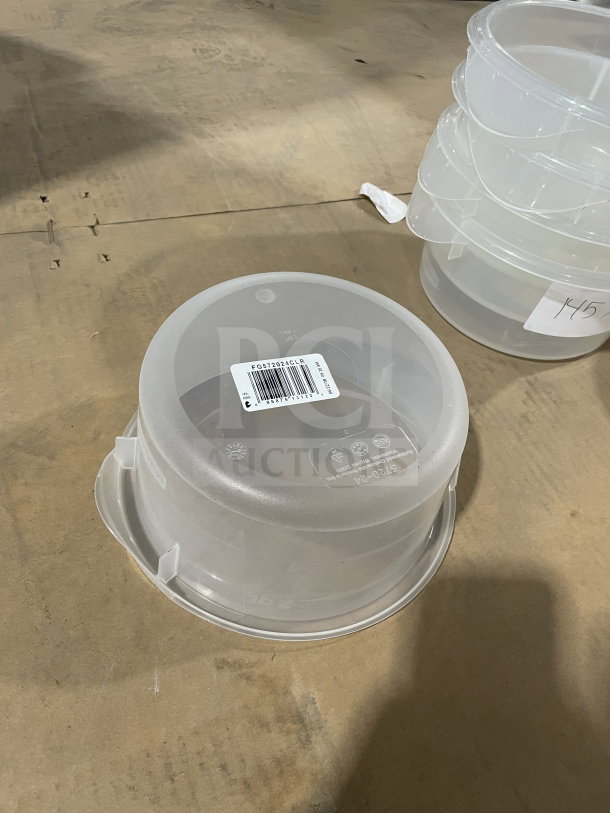 Brand new Rubbermaid Commercial clear polycarbonate round food storage container with yellow lid, Model FG572024CLR.