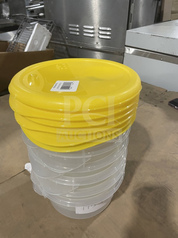 Rubbermaid Commercial clear polycarbonate food storage containers with yellow lids, Model FG572024CLR, new with labels.