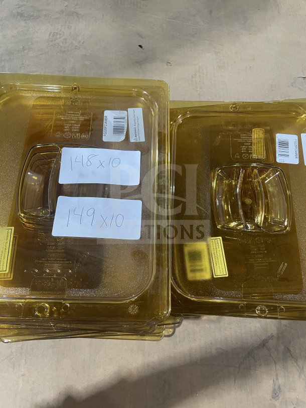 Rubbermaid polycarbonate high-heat food pan lids, model FG228P23AMBR, new condition, visible labels.