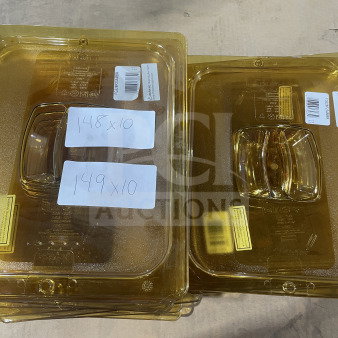 Rubbermaid polycarbonate high-heat food pan lids, model FG228P23AMBR, new condition, visible labels.