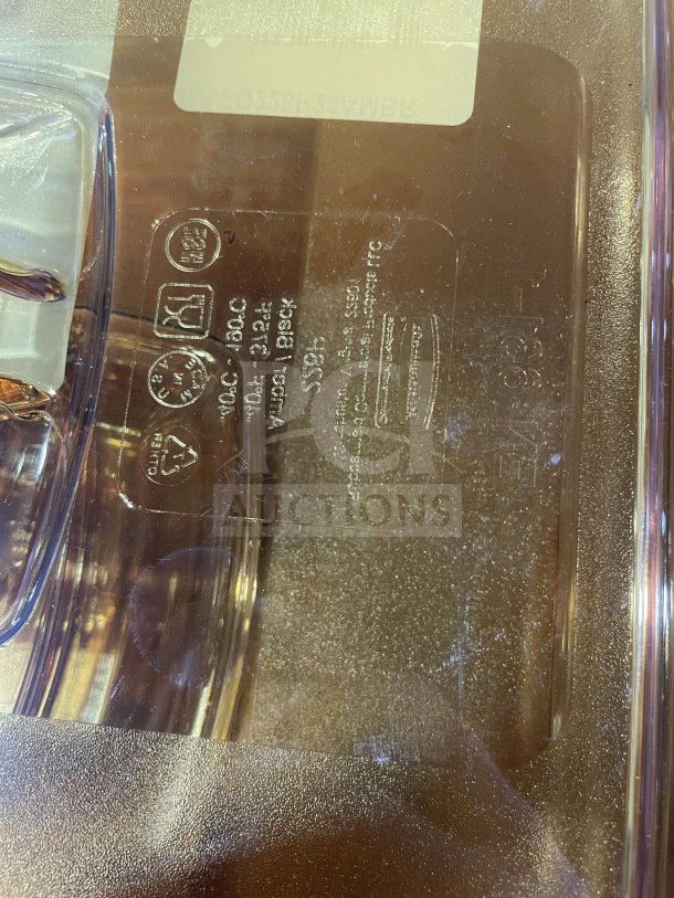 Rubbermaid Commercial polycarbonate high-heat food pan lid, model FG228P23AMBR, brand new, temperature markings visible.