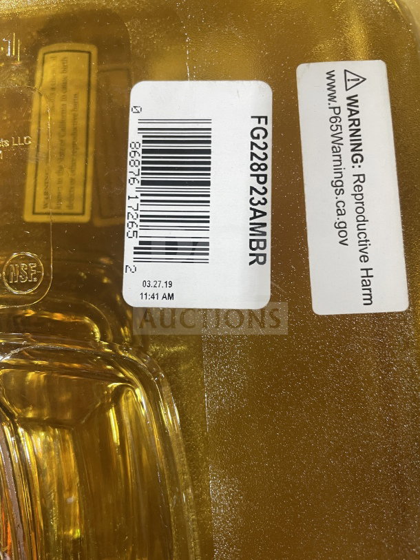 Rubbermaid FG228P23AMBR high-heat food pan lid, brand new, with labels showing SKU and warning. Durable polycarbonate material.