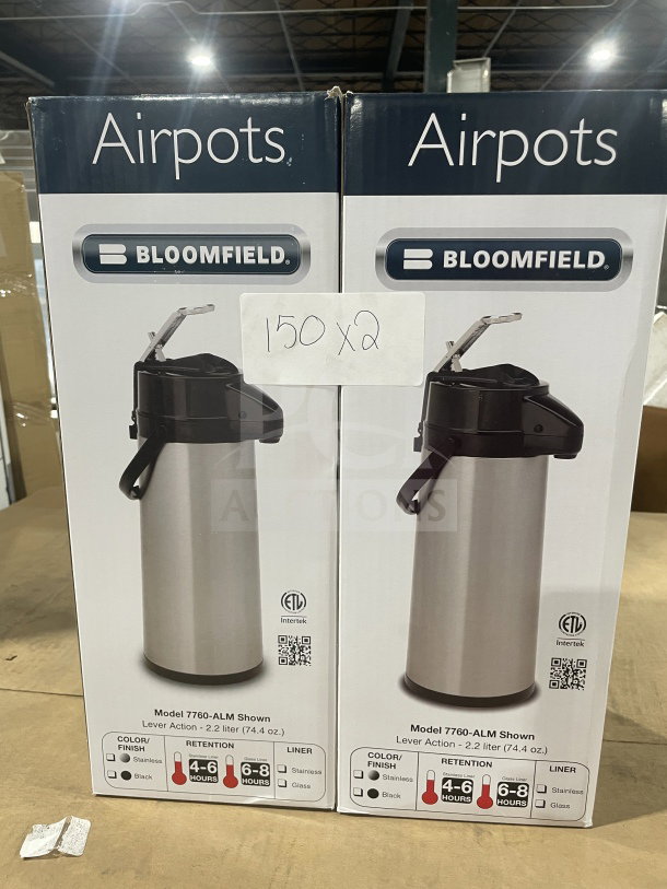 Brand new Bloomfield Stainless Steel Insulated Beverage Dispenser, Model 7760-ALM, lever action, 2.2L capacity, boxed.
