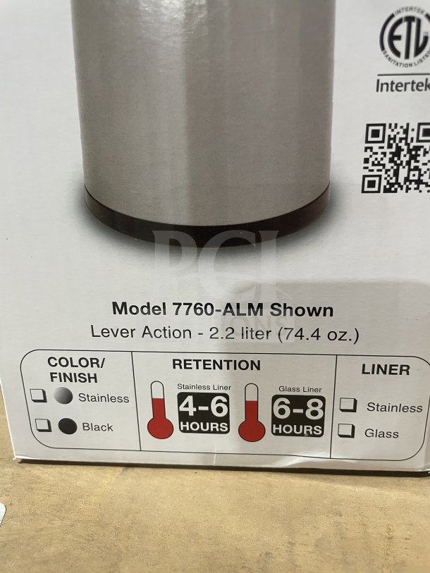 Bloomfield Commercial Stainless Steel Insulated Beverage Dispenser, Model 7760-ALM, 2.2L, lever action, new in box.