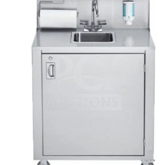 BRAND NEW Omcan 12" stainless steel portable hand sink, model 46788, with tanks, dispensers, and casters.