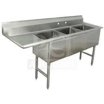 Alt text: Advance Tabco stainless steel 3-compartment sink with left side drain board, model FC3-1824-18RL, brand new.