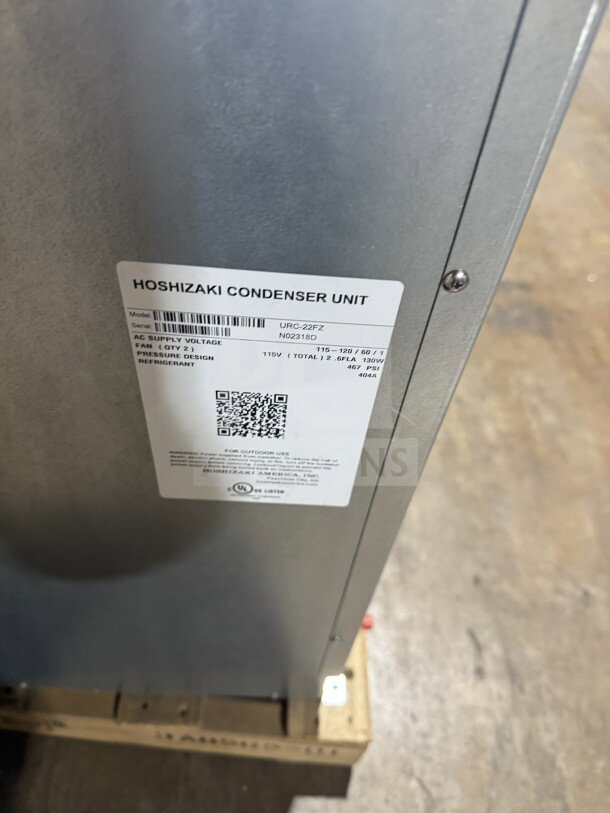 Brand new Hoshizaki URC-22FZ stainless steel condensing unit. Model: URC-22FZ, SN: N02318D, 115V, 1 Phase. Auction item.