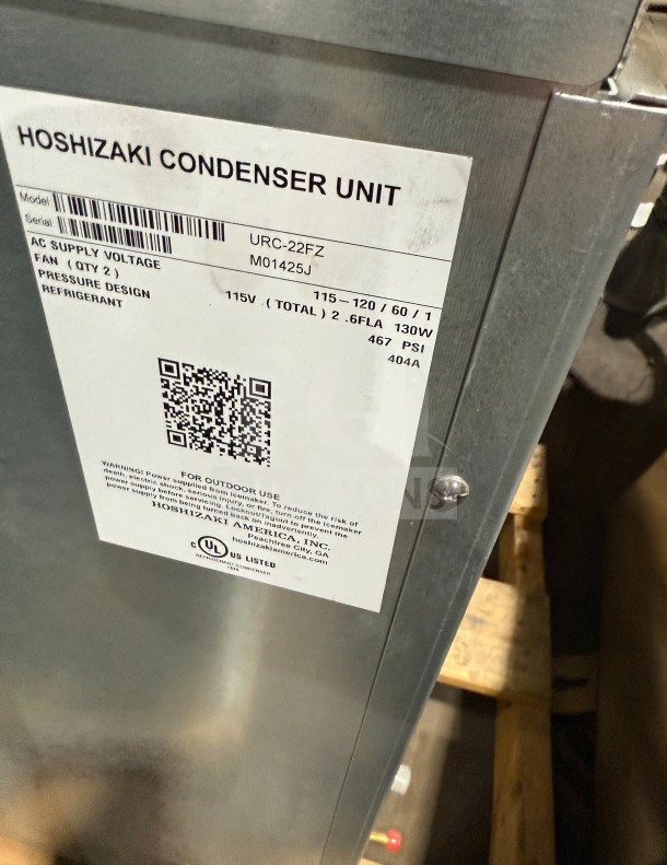 Brand new Hoshizaki URC-22FZ stainless steel condenser unit, electric, 115V, 1 phase, model tag visible.