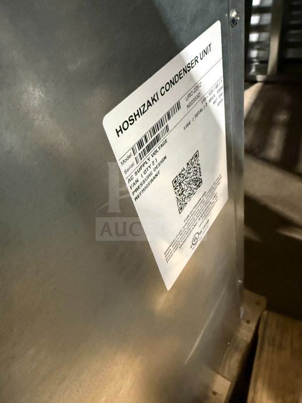 Brand new Hoshizaki stainless steel condenser unit, model URC-22FZ, SN N02353D, electric-powered, 115V, 1 phase.