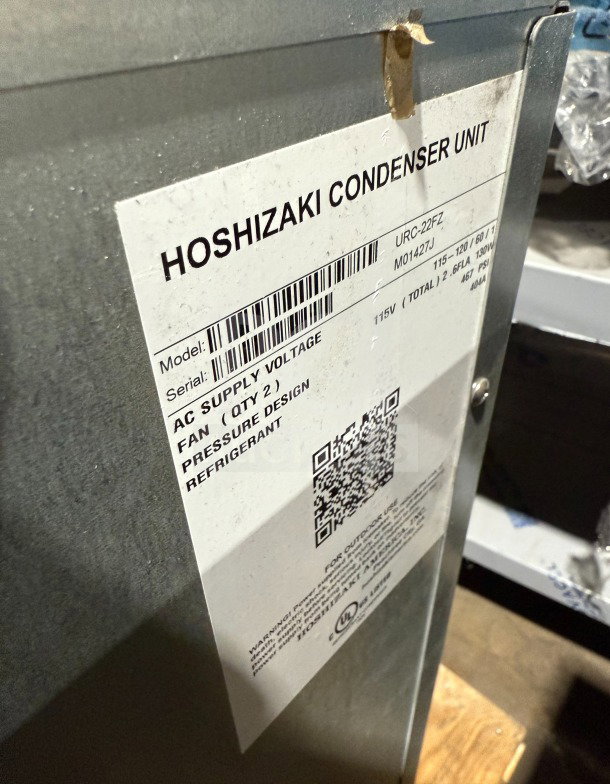 Brand new Hoshizaki URC-22FZ condenser unit, stainless steel, 115V, 1 phase, electric powered, labeled with model and SN M01427J.