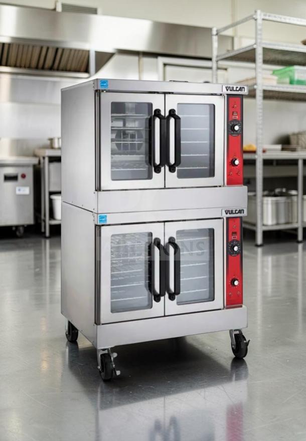 Vulcan VC55GD double stack convection oven, natural gas, in exceptional condition with casters, fully operational, commercial use.