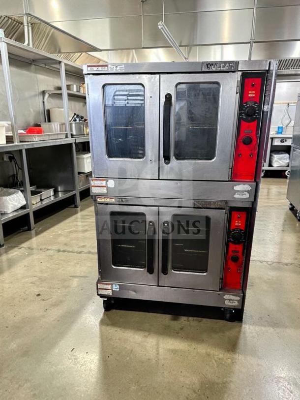 Vulcan VC55GD double stack natural gas convection oven, exceptional condition, heavy-duty, on casters, fully operational.