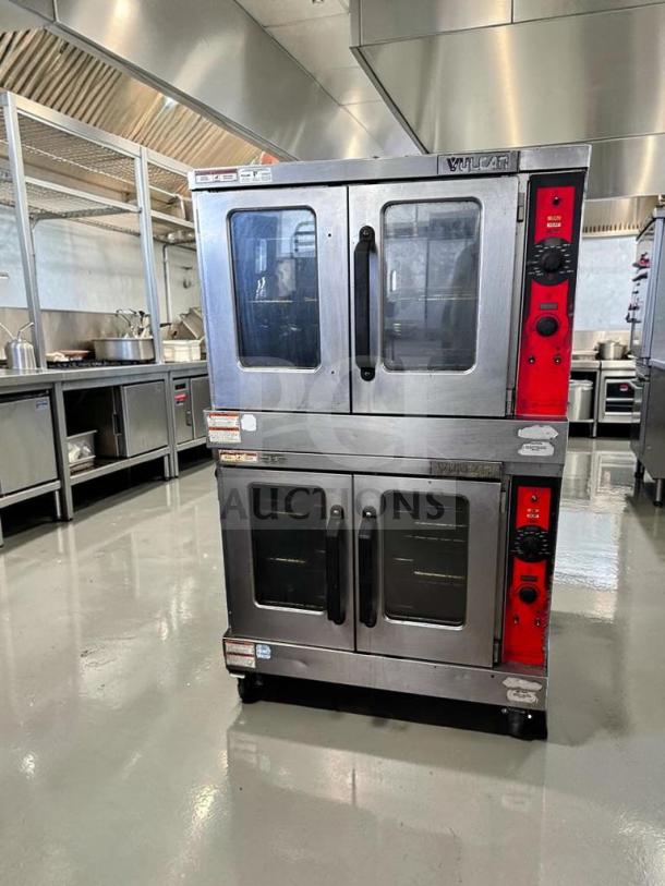 Vulcan VC55GD double stack natural gas convection oven, exceptional condition, heavy-duty commercial use, with casters.