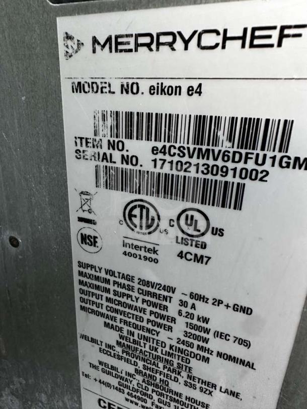 Merrychef eikon e4 oven label showing model and serial numbers, voltage requirements, and certification marks.
