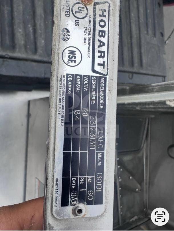 Hobart LXEC-3 undercounter commercial dishwasher, model info plate visible, showing UL and NSF certifications, 120V.