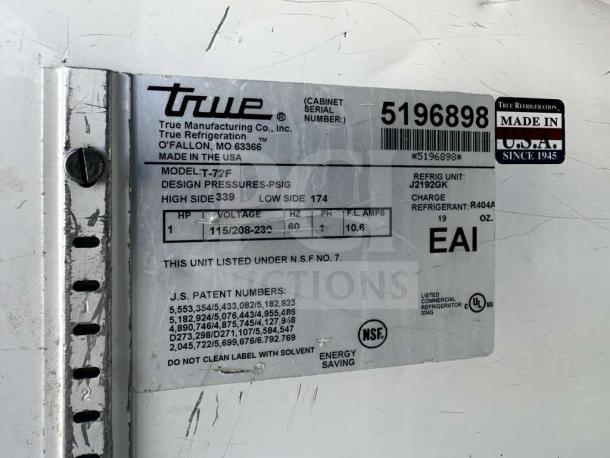 True T-72F 3-Door Commercial Freezer, Stainless Steel, 78", Immaculate Condition, Tested, Model and Serial Tags.