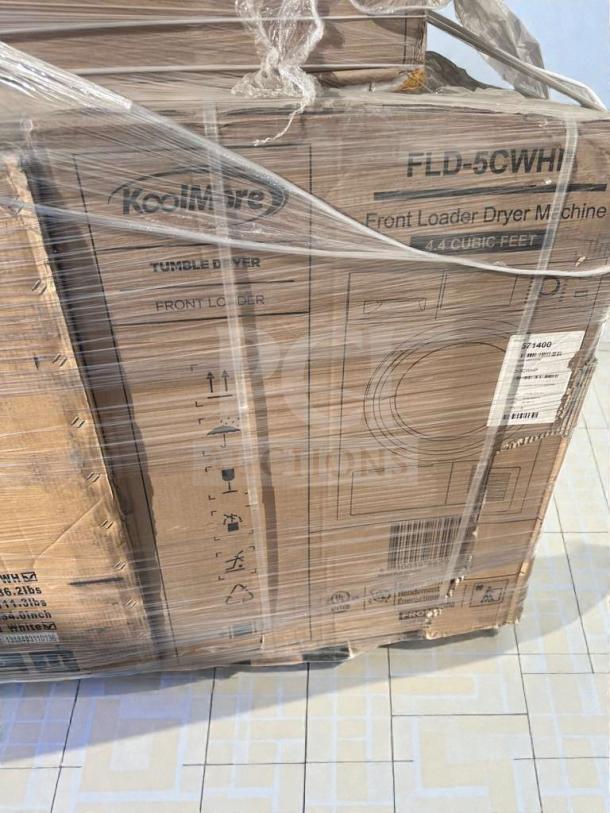 KoolMore 24" Electric Ventless Front Load Dryer, Model FLD-5CWHP, 4.4 Cu. Ft., new condition, scratch & dent, packaging visible.