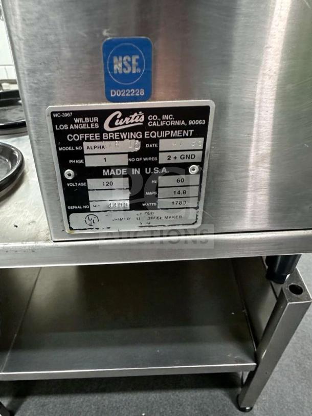 Wilbur Curtis Alpha 3 automatic coffee brewer, like-new condition. NSF & UL listed. 120V, fully tested. Model tag visible.