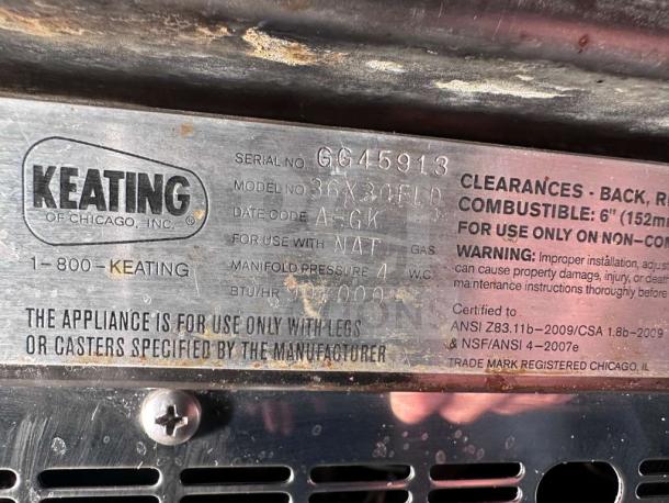 Keating Miraclean® 36" gas griddle plate. Visible serial number G645913, model 36X30FLD. Certified ANSI Z83.11b-2009.