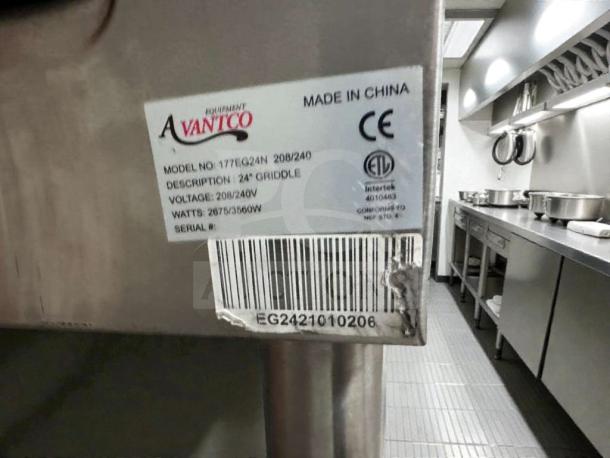 Avantco 177EG24N commercial electric griddle, 24-inch, ETL listed, excellent condition, Made in China, model and voltage details visible.