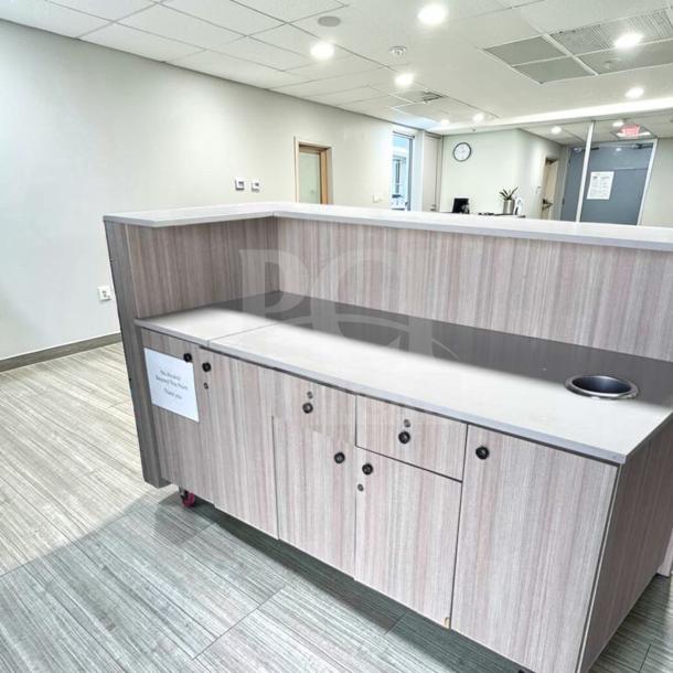 72" commercial service counter with storage cabinets and trash cutout, laminate finish, by Commercial Custom Build. Fully functional.
