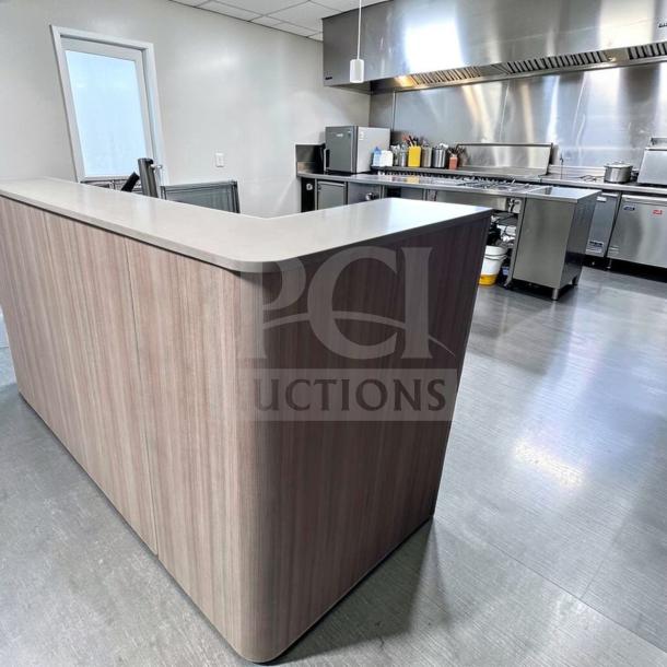 Commercial custom-built 72" restaurant service counter, laminate finish, with storage cabinets and trash cutout, excellent condition.