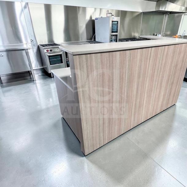 72" commercial service counter with laminate finish, storage cabinets, and trash cutout in remarkable condition, for restaurant use.