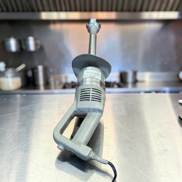 Robot Coupe MP450VV immersion blender, 18" shaft, variable speed, elite condition, fully tested, on stainless steel counter.