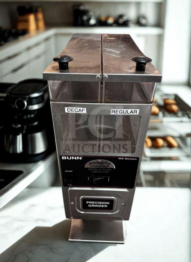 BUNN G9-2 HDS coffee grinder, exceptional condition, dual hoppers labeled "Decaf" and "Regular," fully operational, 120V.