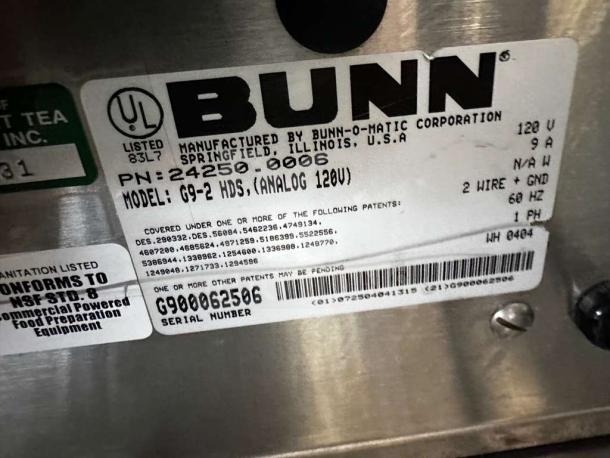 BUNN G9-2 HDS coffee grinder label details; model G9-2 HDS, 120V, manufactured by BUNN-O-Matic, serial CG900062506.