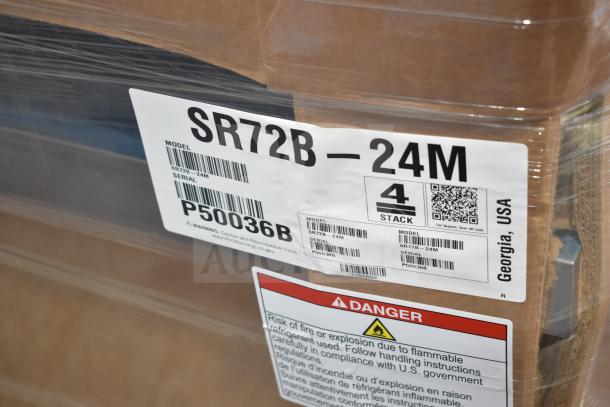 2024 Hoshizaki SR72B-24M Steelheart Mega Top Prep Table in packaging. Model tag visible. 115V, 1 Phase, scratch and dent condition.