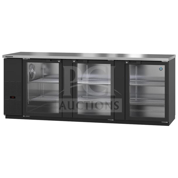 2023 Hoshizaki BB95-G bar refrigerator, 95.5", black, 3 glass doors, brand new scratch and dent, 115V, 1 phase.