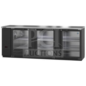 2023 Hoshizaki BB95-G bar refrigerator, 95.5", black, 3 glass doors, brand new scratch and dent, 115V, 1 phase.
