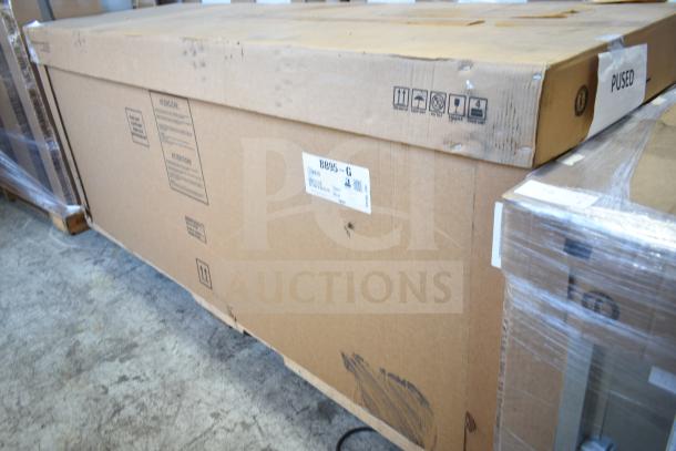 Brand new 2023 Hoshizaki BB95-G bar refrigerator in original box, with model and handling labels visible.