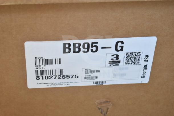 Label for Hoshizaki BB95-G bar refrigerator. Model and serial number visible. Warning for cancer and reproductive harm.