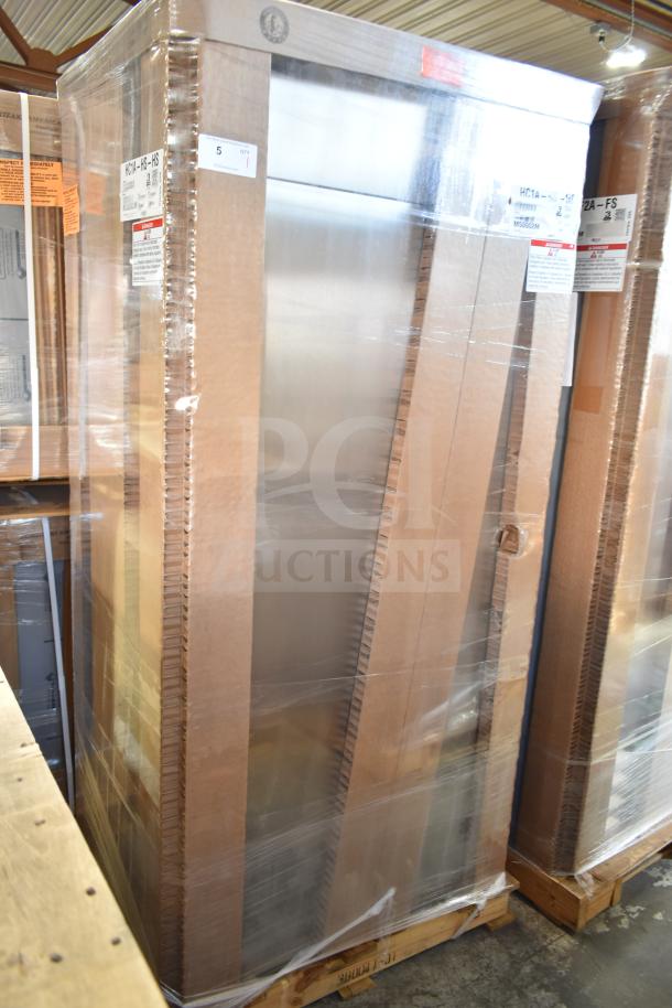 Brand new 2022 Hoshizaki HC1A-HS-HS heated cabinet, full height, insulated, 3-pan capacity, 115V, visible model tag.