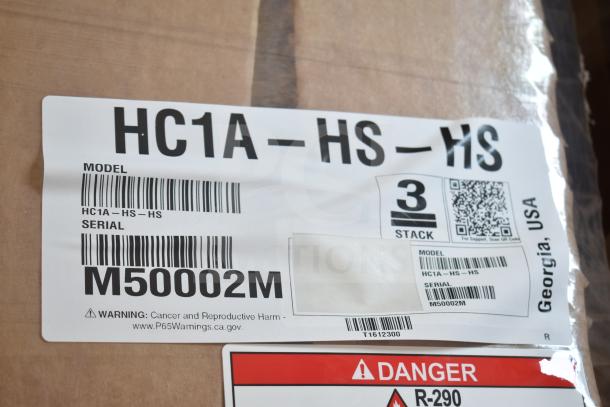 Label for Hoshizaki HC1A-HS-HS heated cabinet, model and serial info, warning about cancer and reproductive harm.